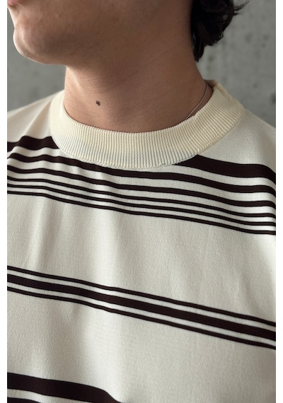 Erkek Bisiklet Yaka Oversize Çizgili Triko T-shirt Ekru