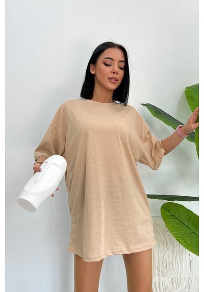 Startmore Unisex Pamuk Bisiklet Yaka Oversize T-shirt Bej