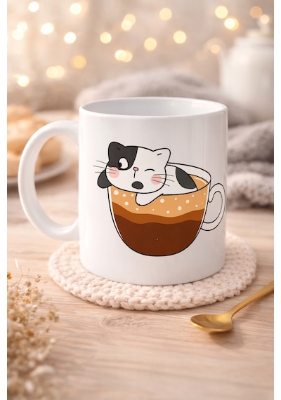 Sevimli Kedi Tasarımlı Porselen Kupa Model 195 Kahve İçinde Kedi Baskılı Porselen Kahve Kupası Kedi Sever Diğer
