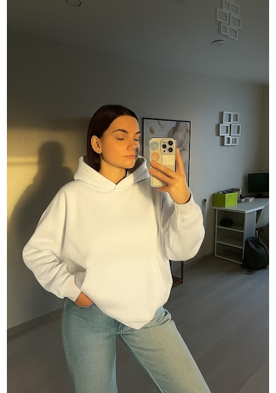 Benroma 3 İplik Penye Kadın Düz Renk Sweatshırt Beyaz