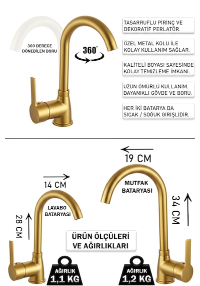 Lüks Mutfak Lavabo Banyo Bataryası Robot Duş Seti Aynalı Aksesuar Takımı Gold Renk Altın