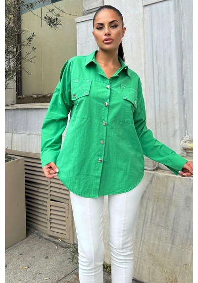 WeShaya Kadın Benetton Yeşil Apolet Ve Zımba Detaylı, Salaş Kesim, Terletmez, Poplin Gömlek Benetton