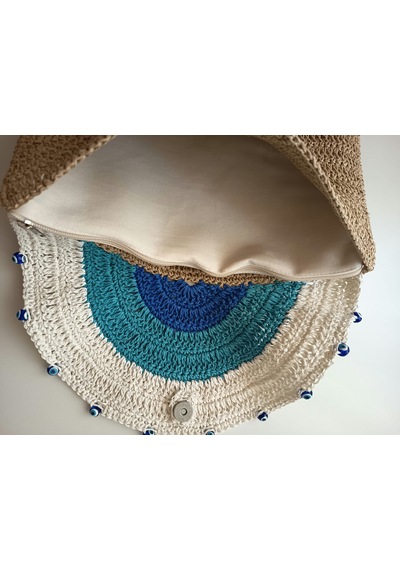 Elmundo Butik Kağıt İp El Yapımı Nazar Boncuğu Clutch Çanta Bej - Mavi -beyaz