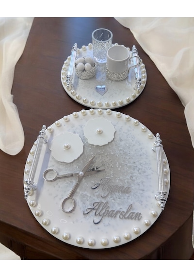 Ethereal Gümüş İncili Söz Nişan Tepsisi Krem