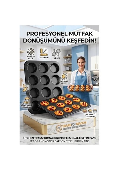 Zenvac 2'li Set 12'li Muffin Kalıbı Karbon Çelik Yanmaz Yapışmaz Cupcake & Kek Pişirme Tepsisi 723122 Zenvac29 Renkli