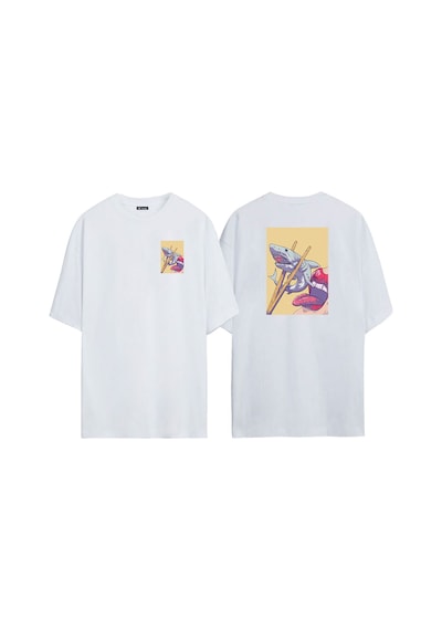 Thewert Unisex Köpek Balığı Suşi Ön Arka Baskılı Beyaz Oversize T-shirt