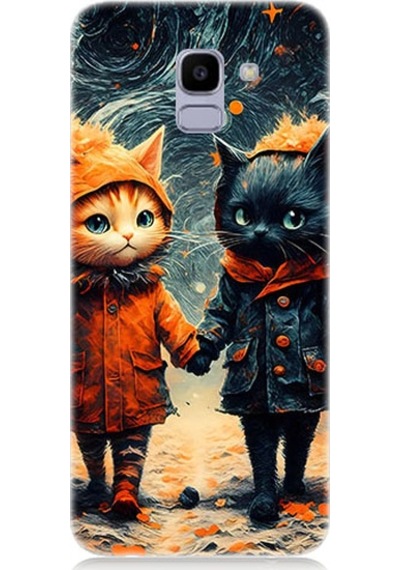 Samsung Galaxy J6 Uyumlu Yağmurlu Kedi Desenli Silikon Kılıf