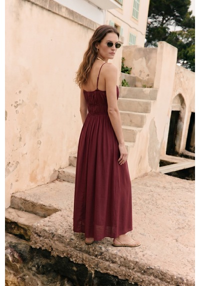 Sateen Askılı Uzun Elbise - Bordo-137495