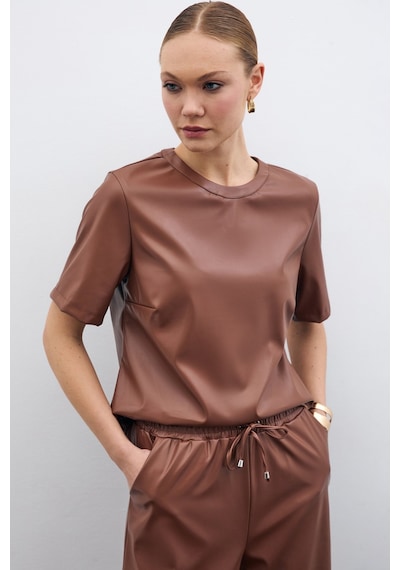 Sateen Kısa Kol Deri Bluz - Kahve-135521 Kahve