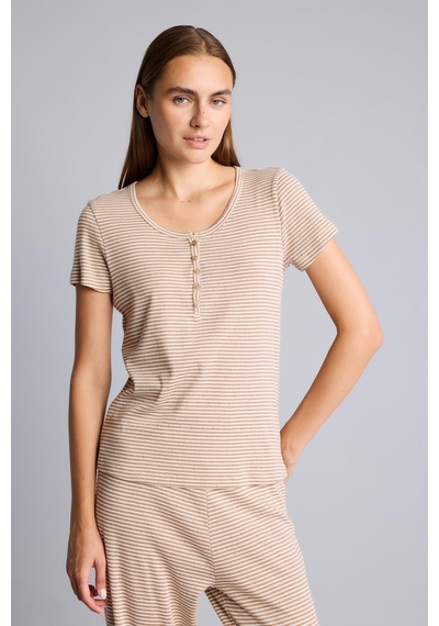 Defacto Regular Fit Çizgili Düğmeli Kısa Kollu 2li Pijama Takımı F9838ax26aubg402 Bej-bg402