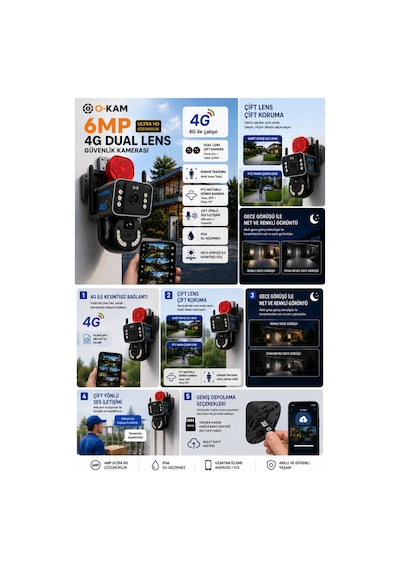 O-kam 3815 4g - Wifi 6mp Dual Lens Güneş Panelli Solar Sirenli Güvenlik Kamerası Siyah - 913352657