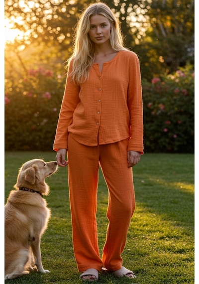 Combattente Exclusive Products Organik Müslin 2'li Takım - Kadın Pijama - Gömlek Takım- Naturel Doğal-oeko Tex Sertifikalı Kumaş turuncu