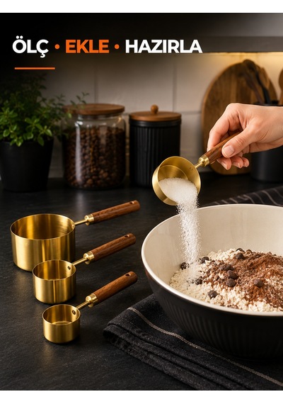 Lüks 4'lü Ahşap Kulplu Gold Ölçü Kaşığı Seti Kahve, Baharat, Tatlı Ve Hamur İşi İçin Mutfak Ölçü Seti Altın