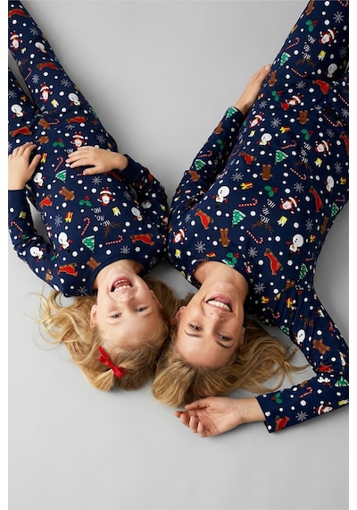 Siyah İnci %100 Pamuklu Şeker Baston Desenli Yılbaşı Temalı Örme Pijama Takım Lacivert Kardanadam