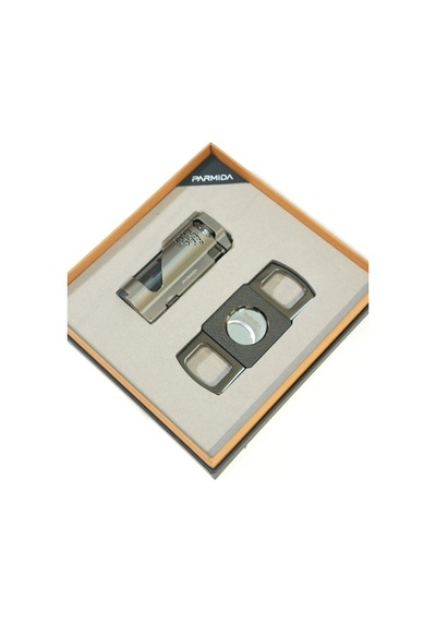 Parmida 3 Torch Gunmetal Çakmak Gunmetal Kesici İkili Puro Seti Tr9848