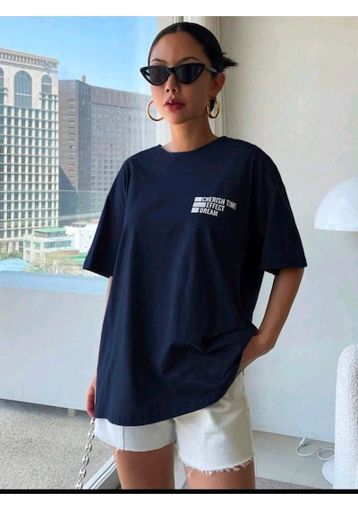 Flood Of Style Kadın Lacivert Cherish Time Baskılı Oversize