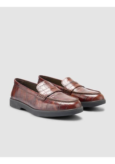 %100 Hakiki Deri Kahverengi Croco Desen Kadın Loafer Kahverengi