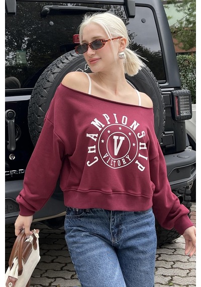 Bordo Kayık Yaka Baskılı Kadın Sweatshirt Mg2205
