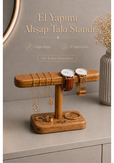 Doğal Ahşap El Yapımı Tekli Takı Standı, Saat Organizeri Kolye Küpe Yüzük Bileklik Düzenleyici Kahverengi Kahverengi