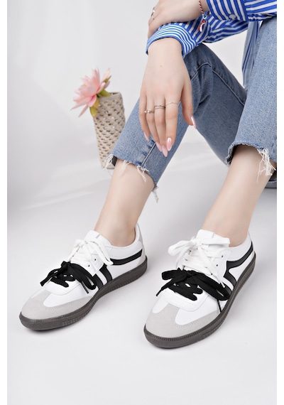 Muggo Retro Çift Bağcıklı Günlük Kadın Sneaker Spor Ayakkabı Beyaz - Siyah