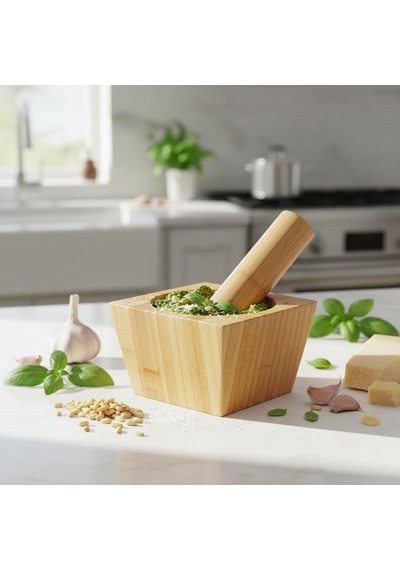 Bambu Havan Ve Tokmak Seti, Mutfak Havanı, Baharat Ve Sarımsak Öğütücü Ve Döveceği Kare