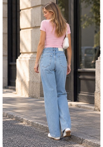 Hiccup Parıltılı Straight Fit Geniş Paça Jean Açık Mavi