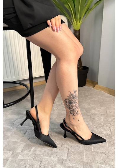 Preshley Kadın Matilda Siyah Saten 7 Cm Topuklu Sivri Burun Arkası Açık Ayakkabı