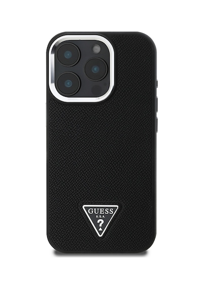 Apple Uyumlu iPhone 15 Pro Max Kılıf Guess Lisanslı M-safe Şarj Özellikli Grained Triangle Kapak Siyah