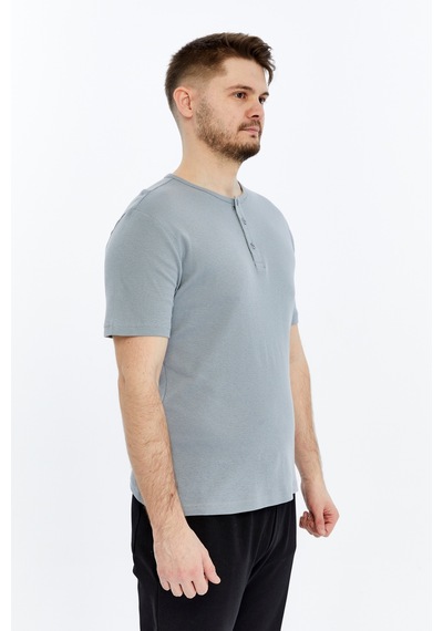 Erkek Henley Yaka %100 Pamuklu Dokulu Kumaştan Kısa Kollu Günlük Basic Tişört Gri
