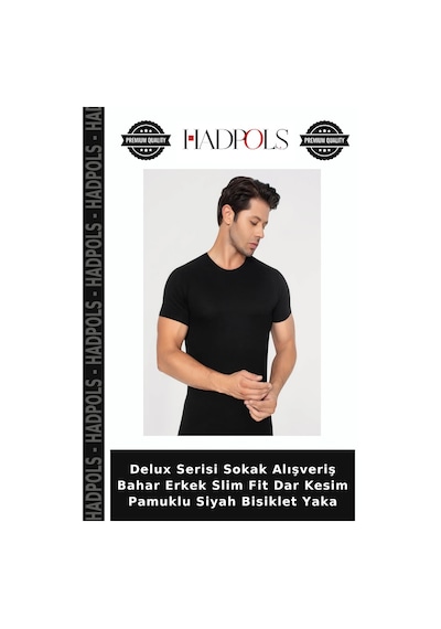 Hadpols Delux Serisi Sokak Alışveriş Bahar Erkek Slim Fit Dar Kesim Pamuklu Siyah Bisiklet Yaka