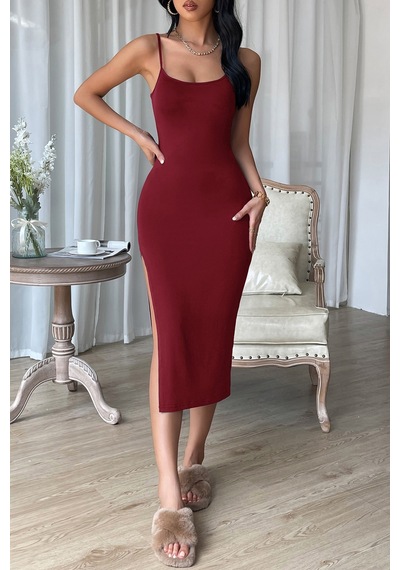 Ang Butik Kadın Bordo Yırtmaçlı Diz Altı Vücüdu Saran Gecelik