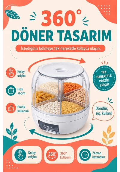 Tek Tuşla Kullanılan Şeffaf Kapaklı Bakliyat Saklama Kabı 6 Bölmeli Döner Hazneli