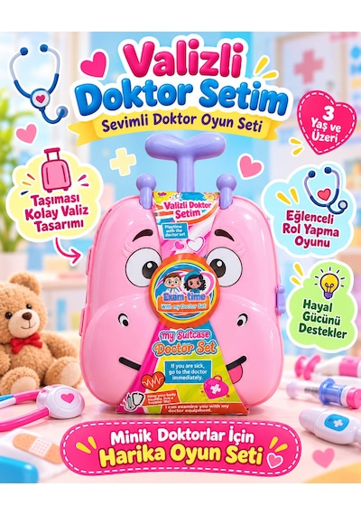 Oyuncak Çekçek Valizli Aksesuarlı Makyaj Doktor Tamir Set Taşınabilir Tekerlekli Renkli Çantalı Bavul Güzellik Eğitici Meslek Seti 50x25 Cm Çok Renkli
