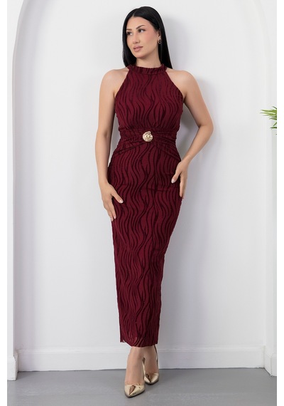 Kalopya Halter Yaka Beli Tokalı Bağlamalı Elbise Grs4023 Bordo