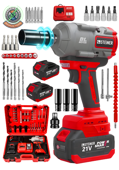 Steiner 21v 1100 Nm Kömürsüz Torklu Çift Akülü 10 Pilli 1/2 Kırmızı Şarjlı Somun Sıkma Sökme Makinesi + 38 Parça
