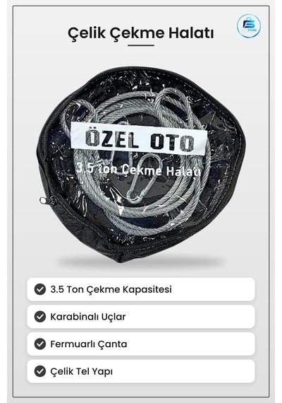 Çelik Araç Çekme Halatı 3.5 Ton Karabinalı Oto Yol Yardım Taşıma