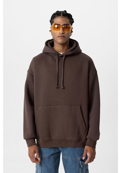 Vamos Basic Oversize Yıkamalı Hoodie Kahve