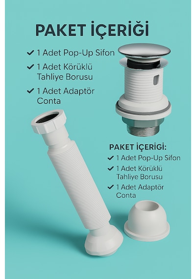 Pop-up Lavabo Sifon Seti Taşmalı Uyumlu, Körüklü Tahliye Ve Ada