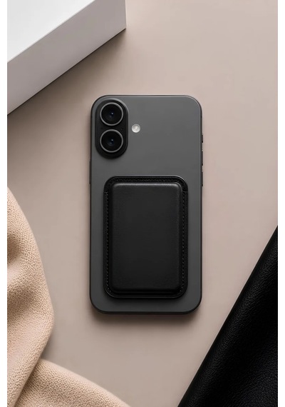 iPhone Uyumlu 16 Premium Hakiki Deri Cüzdan Magsafe Noir Siyah