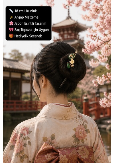 Yeşim Taşlı Çiçek Ve Dal Detaylı Japon Esintili Kadın Topuz Tokası Çok Renkli