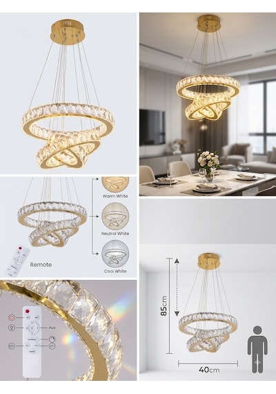 Ala Lighting Plaket Kristal Taş İşlemeli Gold Paslanmaz 3'lü Led Avize Altın - Gold