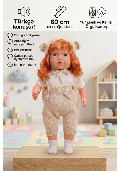 Konuşan Bebeğim 60 Cm Türkçe Konuşan Örgü Tulum Ve Şapkalı Kafası Bacakları Kolları Et Oyuncak Bebek 59561479