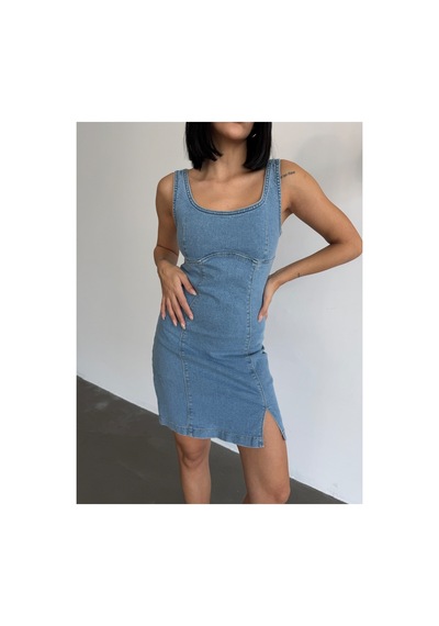 Meecy Denim Likralı Tasarım Kot Elbise Mavi Mavi