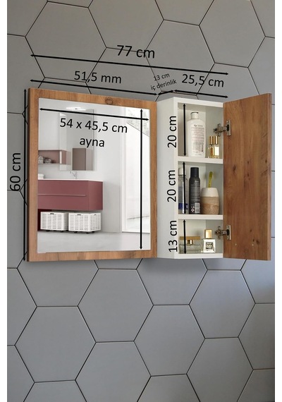 Aynalı Banyo Dolabı 80 Cm Üst Modül Kayın Renk Diğer