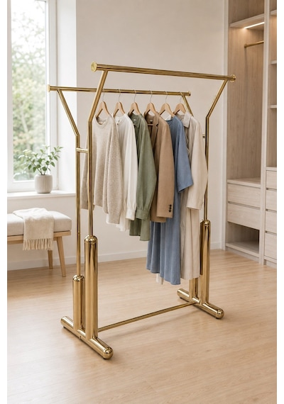 Elbise Askı Stand Gold Renk Kaplama Çift Yönlü Butik Orta Standı Ve Askısı V Model Altın