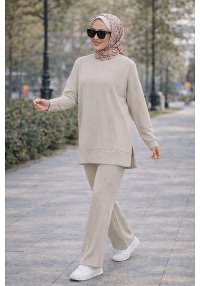 Esra Butik78 Mürdüm Siyah Taş Çimalı Tesettür İkili Takım Tunik Pantolon Şık Rahat Ekru