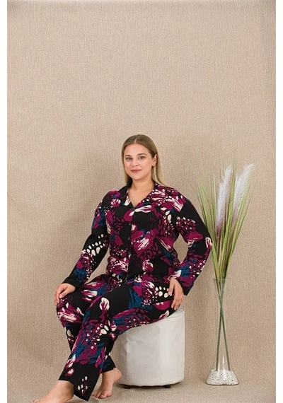 Angbutik Büyük Beden Renkli Desenli Düğmeli Uzun Kol Viskon Pijama Takımı Görsel