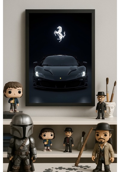 Ferrari Sf90 Siyah Ahşap Çerçeveli Poster, Dekoratif Araba Duvar Tablosu