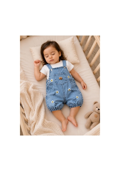 The Two Kız Bebek Papatya Nakışlı Denim Salopet Ve Pamuklu Tişört 2'li Takım 9-18 Ay Çok Renkli