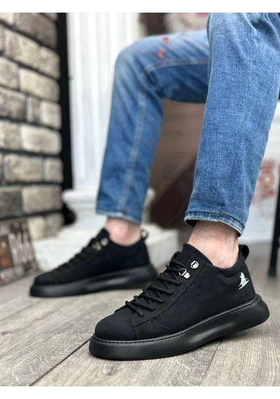 Ba0331 Bağcıklı Erkek Yüksek Taban Siyah Cilt Spor Ayakkabı